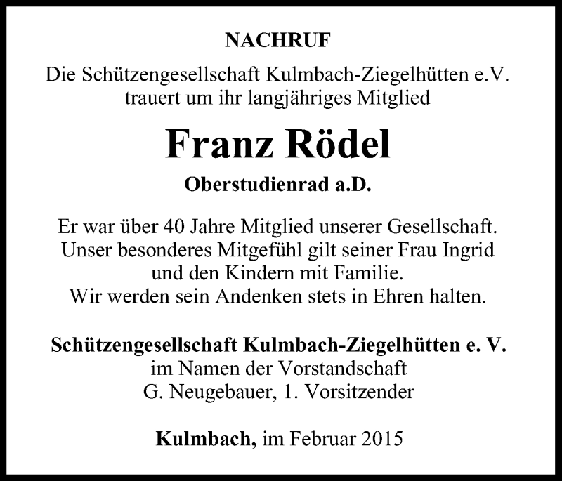 Traueranzeige für Franz Rödel vom 20.02.2015 aus MGO