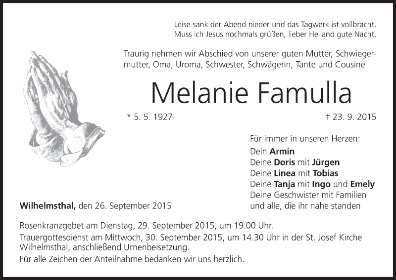  Traueranzeige für Melanie Famulla vom 26.09.2015 aus MGO