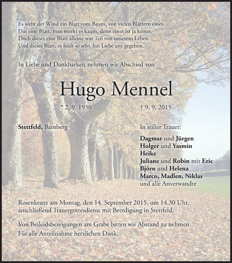  Traueranzeige für Hugo Mennel vom 12.09.2015 aus MGO