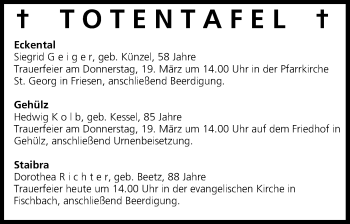 Anzeige von Totentafel vom 18.03.2015 von MGO