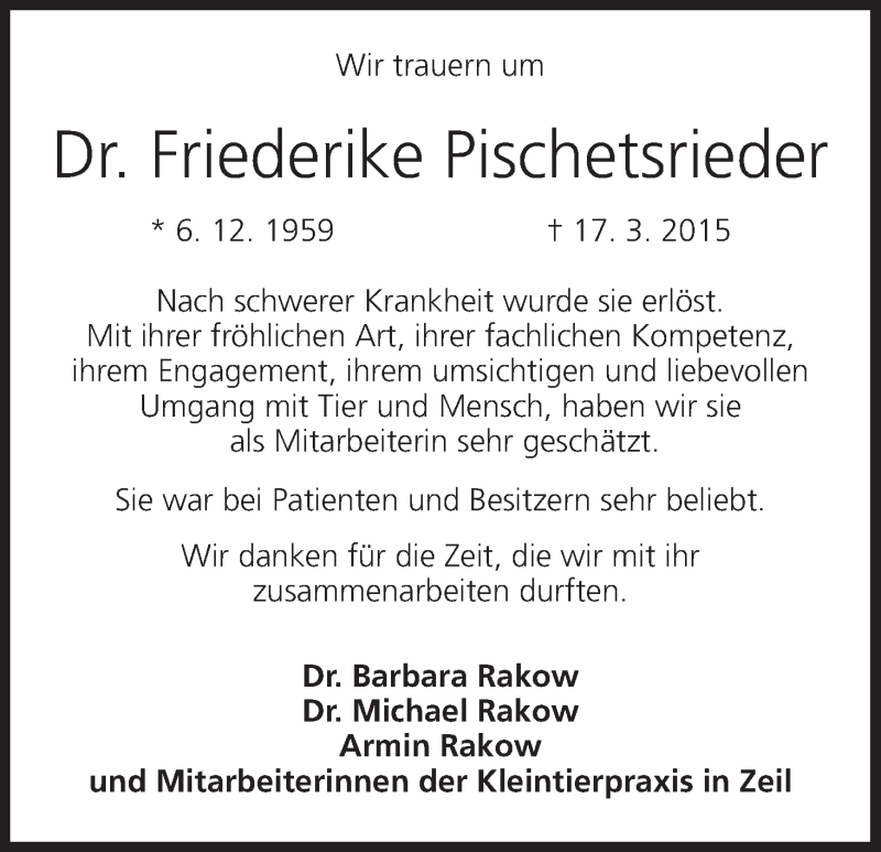  Traueranzeige für Friederike Pischetsrieder vom 20.03.2015 aus MGO