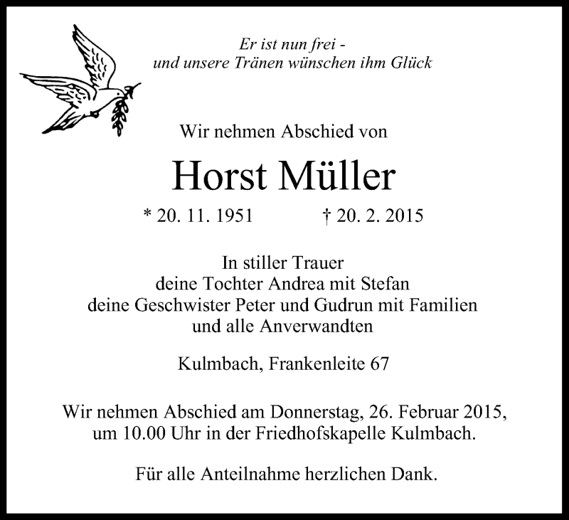  Traueranzeige für Horst Müller vom 24.02.2015 aus MGO