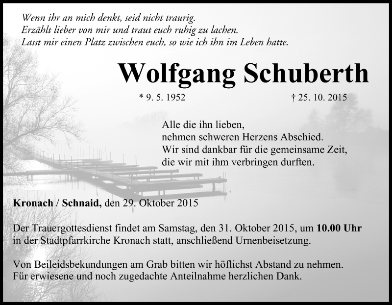  Traueranzeige für Wolfgang Schuberth vom 29.10.2015 aus MGO