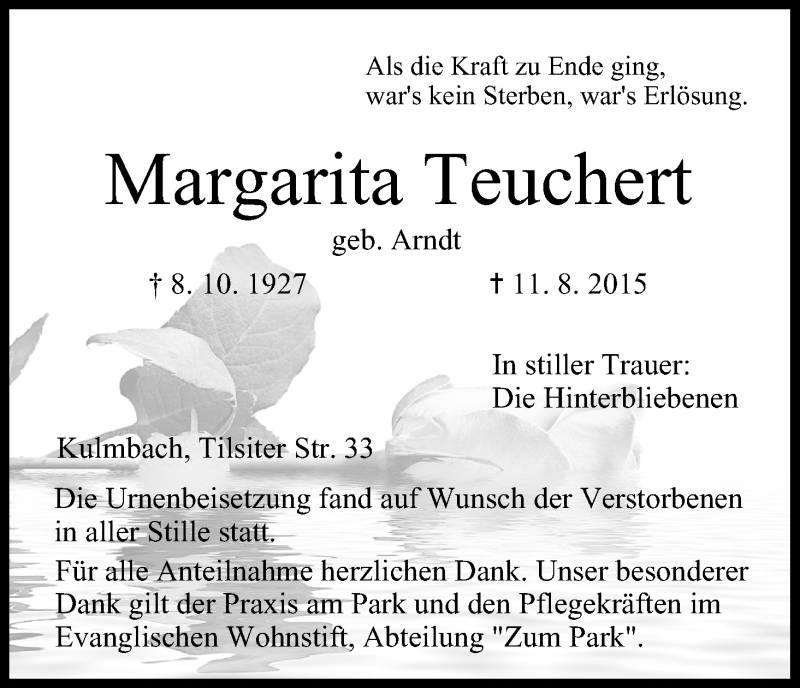  Traueranzeige für Margarita Teuchert vom 21.08.2015 aus MGO