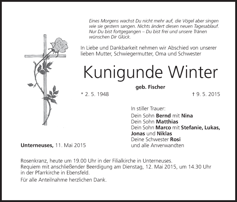  Traueranzeige für Kunigunde Winter vom 11.05.2015 aus MGO