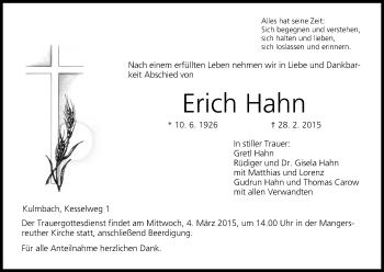 Anzeige von Erich Hahn von MGO