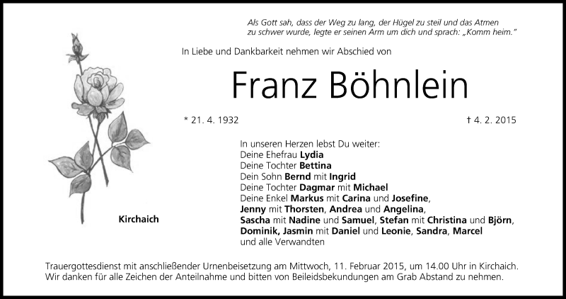  Traueranzeige für Franz Böhnlein vom 07.02.2015 aus MGO