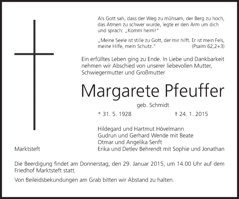  Traueranzeige für Margarete Pfeuffer vom 27.01.2015 aus MGO