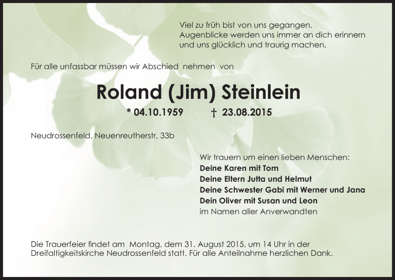  Traueranzeige für Roland Steinlein vom 27.08.2015 aus MGO