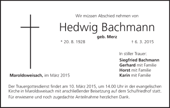 Anzeige von Hedwig Bachmann von MGO
