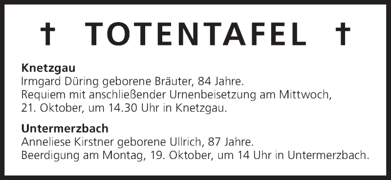  Traueranzeige für Totentafel vom 17.10.2015 vom 17.10.2015 aus MGO