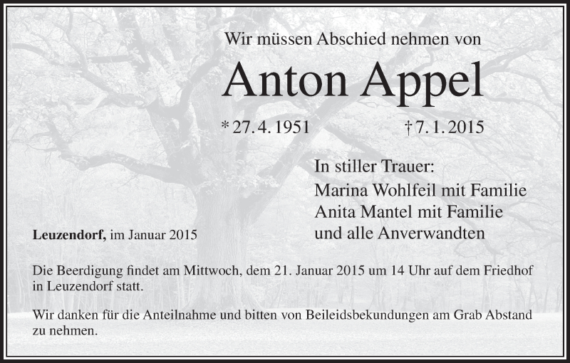 Traueranzeige für Anton Appel vom 19.01.2015 aus MGO