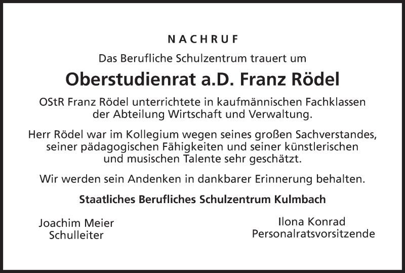  Traueranzeige für Franz Rödel vom 28.02.2015 aus MGO