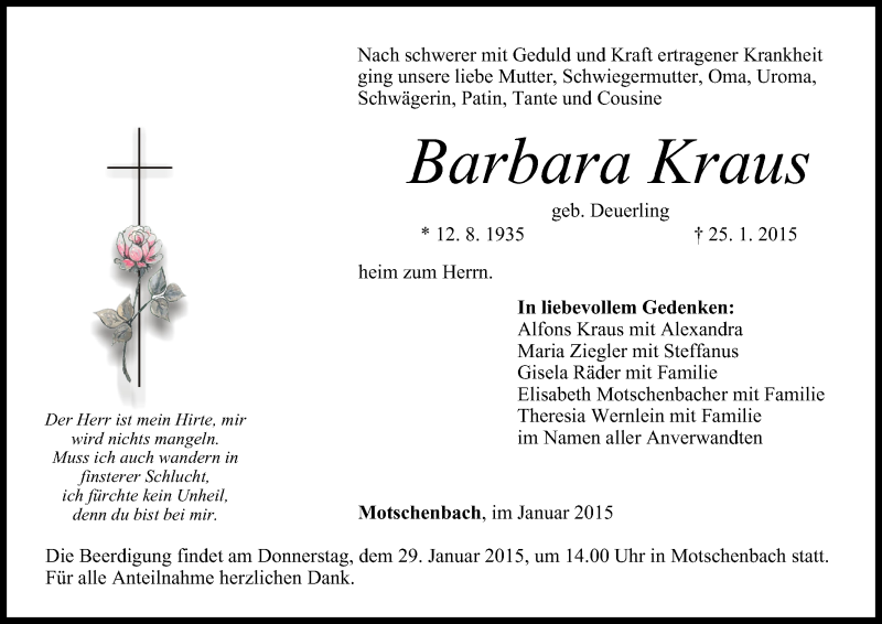  Traueranzeige für Barbara Kraus vom 28.01.2015 aus MGO