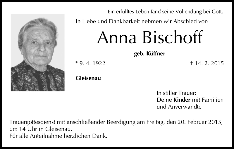  Traueranzeige für Anna Bischoff vom 17.02.2015 aus MGO