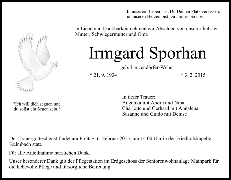  Traueranzeige für Irmgard Sporhan vom 04.02.2015 aus MGO