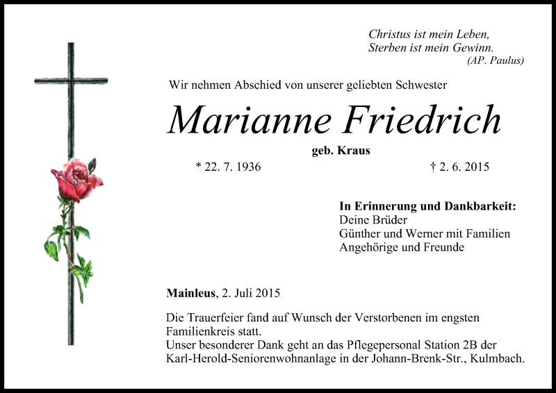  Traueranzeige für Marianne Friedrich vom 02.07.2015 aus MGO
