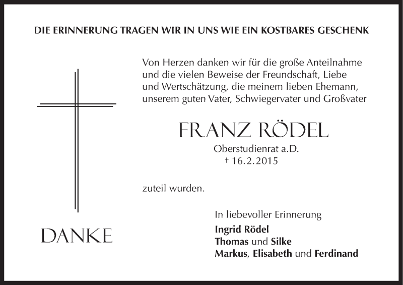  Traueranzeige für Franz Rödel vom 07.03.2015 aus MGO