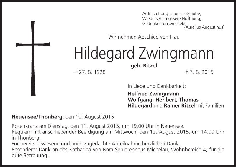  Traueranzeige für Hildegard Zwingmann vom 10.08.2015 aus MGO