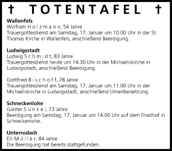 Anzeige von Totentafel vom 16.01.2015 von MGO