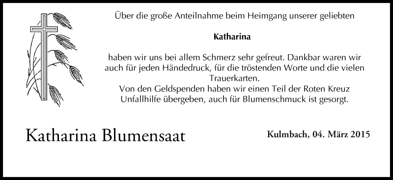  Traueranzeige für Katharina Blumensaat vom 07.03.2015 aus MGO