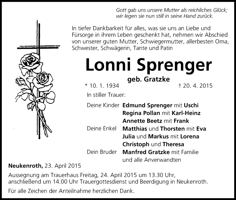  Traueranzeige für Lonni Sprenger vom 23.04.2015 aus MGO