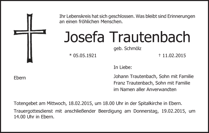  Traueranzeige für Josefa Trautenbach vom 14.02.2015 aus MGO