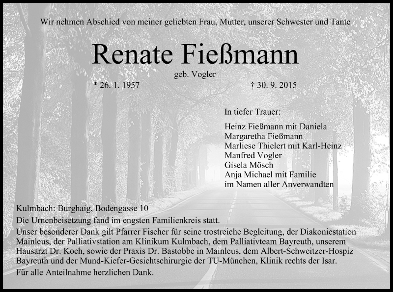  Traueranzeige für Renate Fießmann vom 27.10.2015 aus MGO