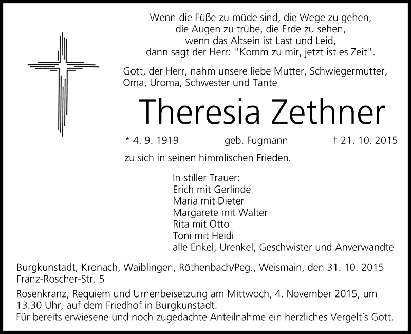  Traueranzeige für Theresia Zethner vom 31.10.2015 aus MGO