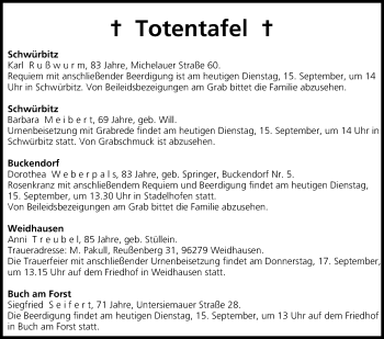 Anzeige von Totentafel vom 15.09.2015 von MGO