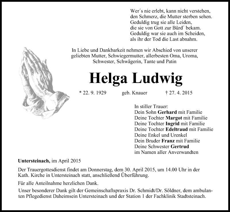  Traueranzeige für Helga Ludwig vom 29.04.2015 aus MGO