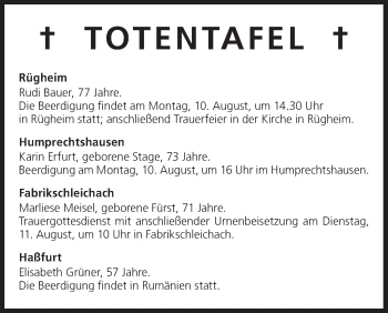 Anzeige von Totentafel vom 10.08.2015 von MGO