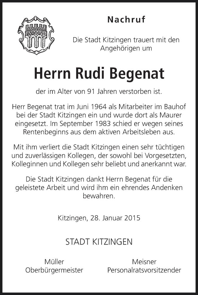  Traueranzeige für Rudi Begenat vom 28.01.2015 aus MGO