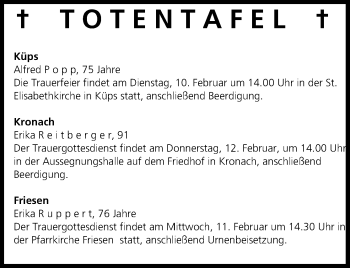 Anzeige von Totentafel vom 07.02.2015 von MGO