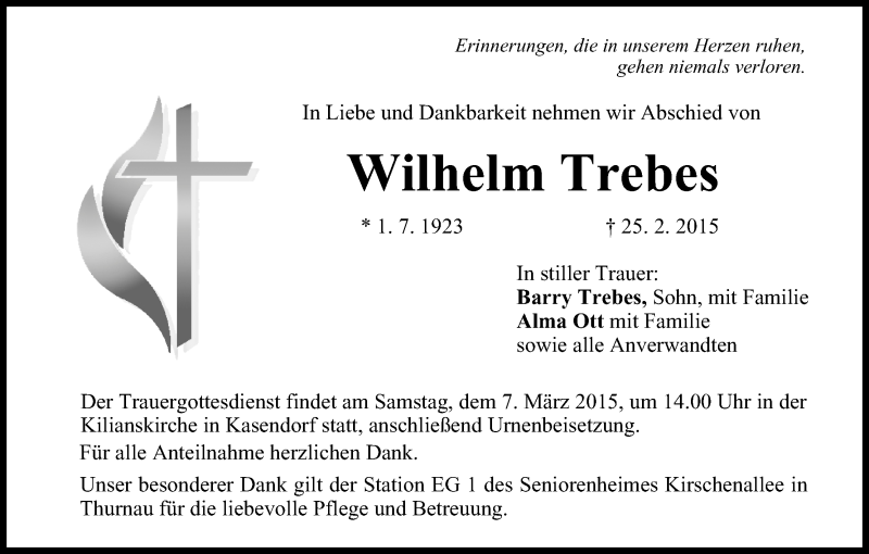  Traueranzeige für Wilhelm Trebes vom 04.03.2015 aus MGO