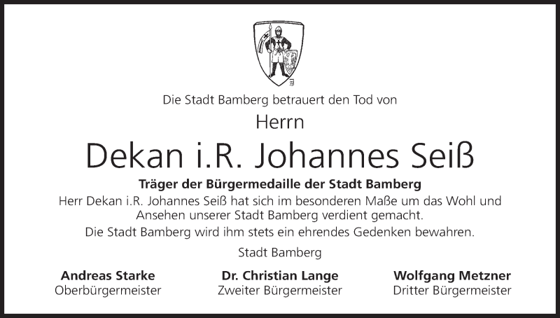  Traueranzeige für Johannes Seiß vom 31.03.2015 aus MGO