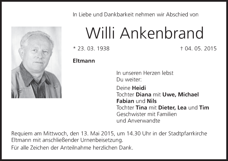  Traueranzeige für Willi Ankenbrand vom 11.05.2015 aus MGO