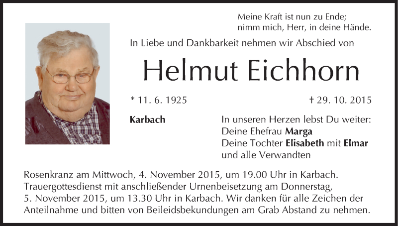  Traueranzeige für Helmut Eichhorn vom 02.11.2015 aus MGO