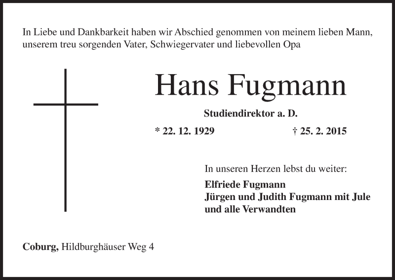  Traueranzeige für Hans Fugmann vom 04.03.2015 aus MGO