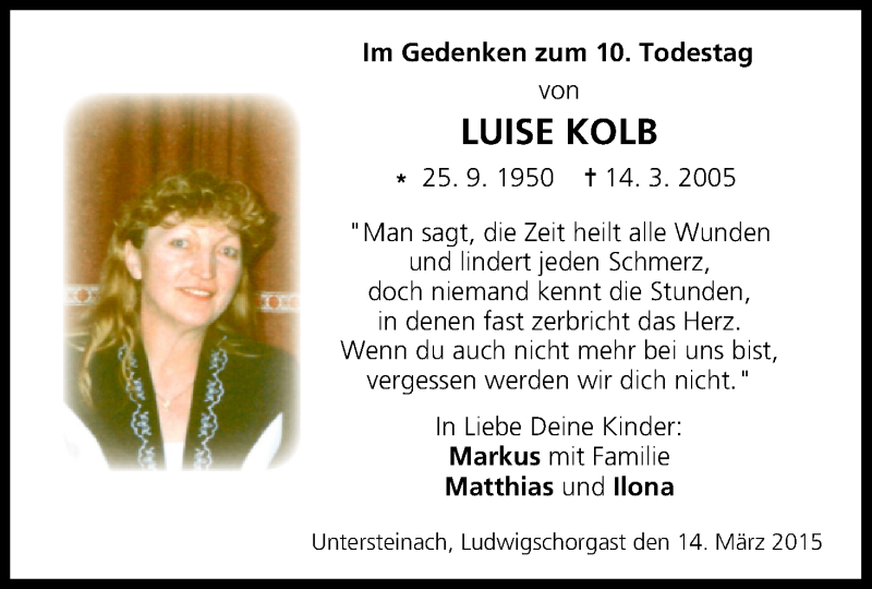  Traueranzeige für Luise Kolb vom 14.03.2015 aus MGO