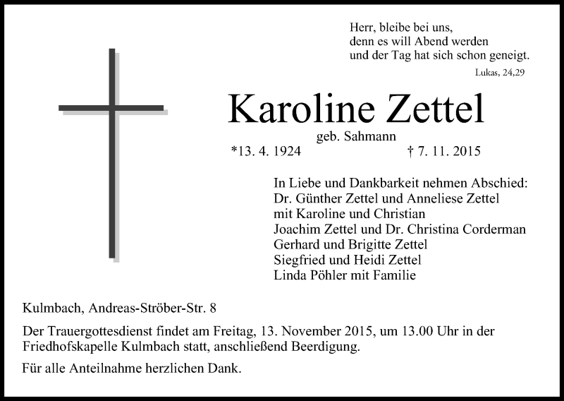  Traueranzeige für Karoline Zettel vom 11.11.2015 aus MGO