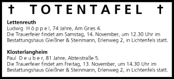 Anzeige von Totentafel vom 13.11.2015 von MGO