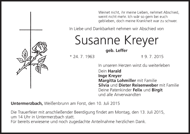  Traueranzeige für Susanne Kreyer vom 10.07.2015 aus MGO