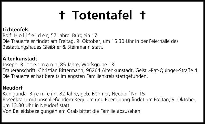  Traueranzeige für Totentafel vom 09.10.2015 vom 09.10.2015 aus MGO