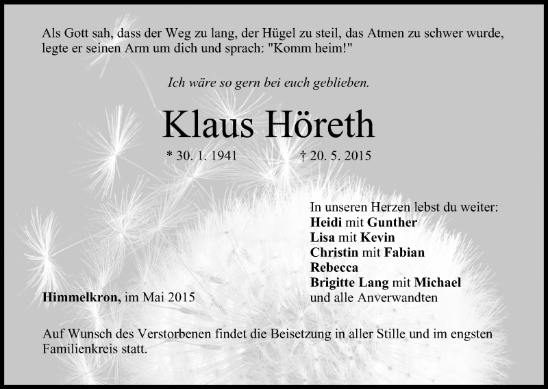  Traueranzeige für Klaus Höreth vom 26.05.2015 aus MGO