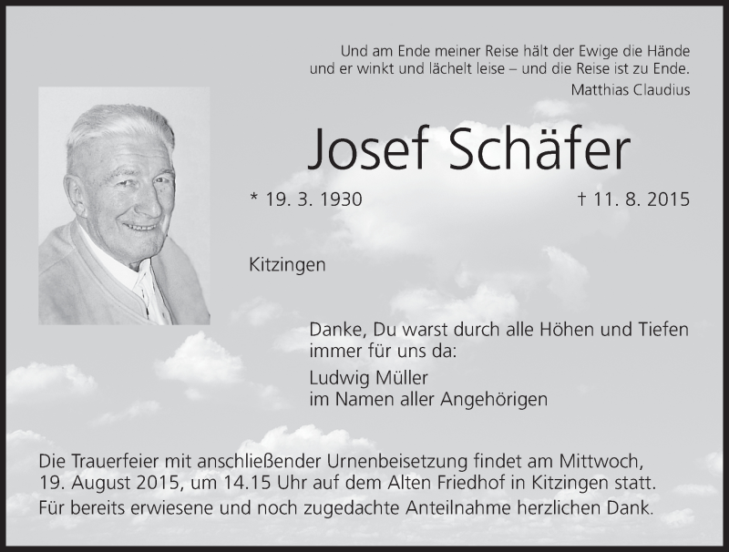  Traueranzeige für Josef Schäfer vom 17.08.2015 aus MGO