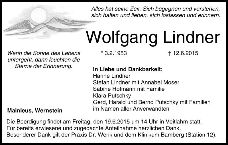  Traueranzeige für Wolfgang Lindner vom 16.06.2015 aus MGO