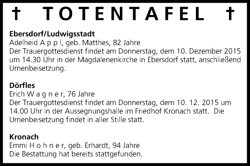  Traueranzeige für Totentafel vom 09.12.2015 vom 09.12.2015 aus MGO