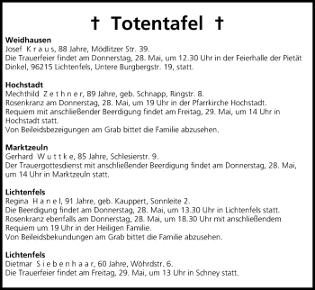 Anzeige von Totentafel vom 28.05.2015 von MGO