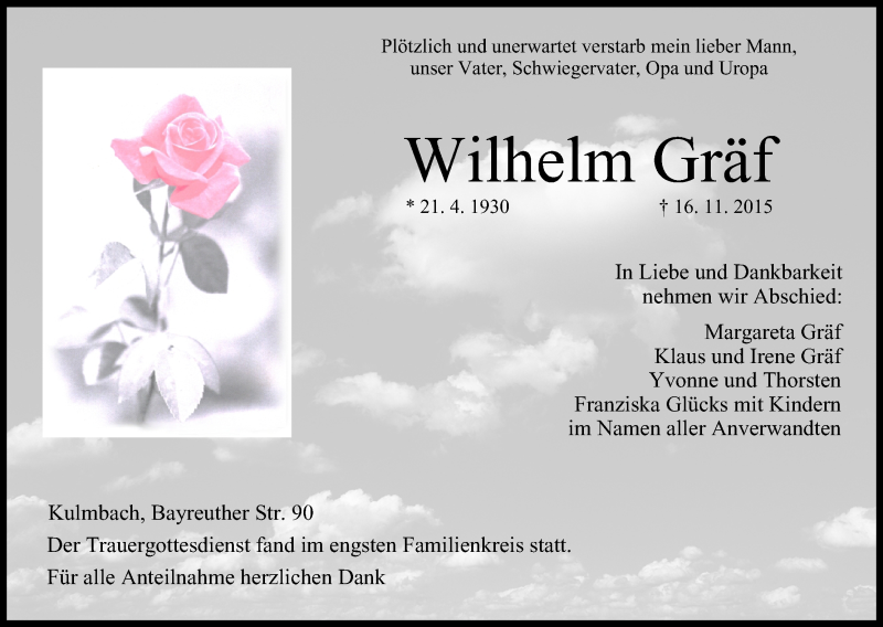  Traueranzeige für Wilhelm Gräf vom 20.11.2015 aus MGO